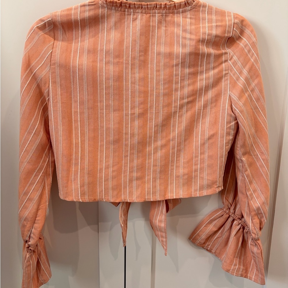 Striped Peach Linen Tie-Front cropped blouse/cardigan - Picture 4 of 4